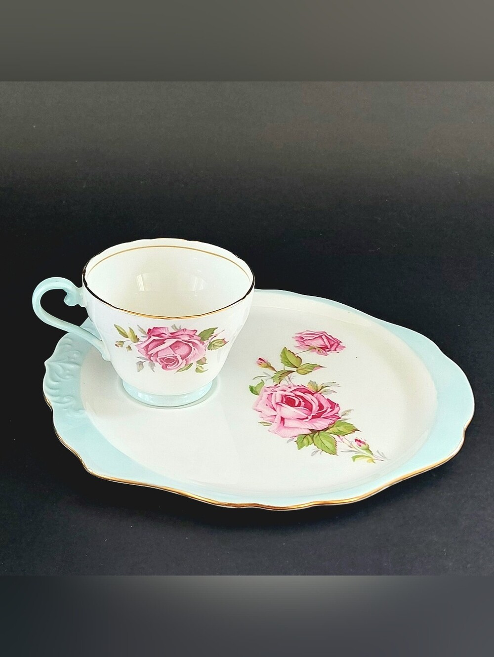 Aynsley Pink Cabbage Rose Powder Blue Tennis Snack Set England